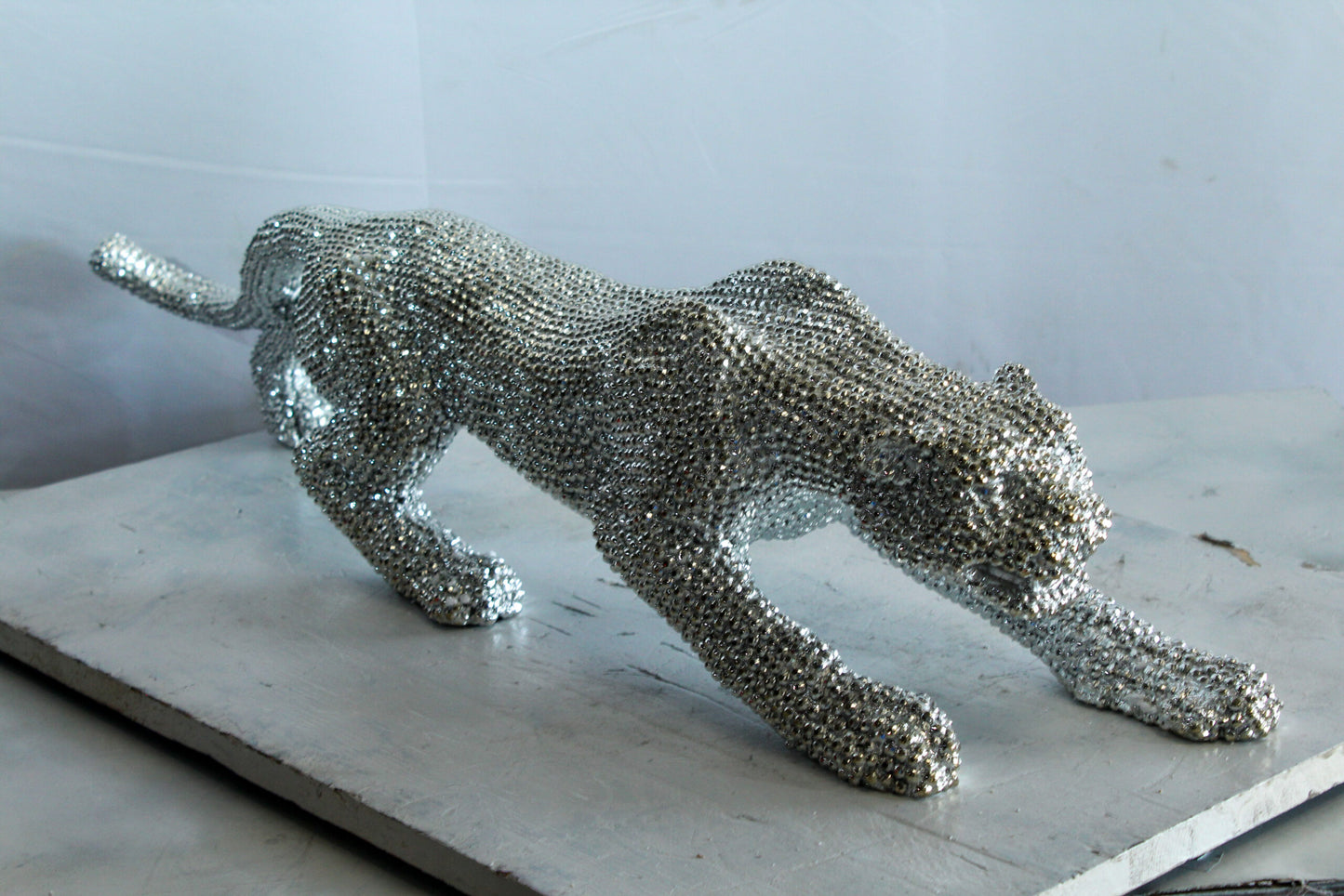 Silver Resin Bead Panther Sculpture in Dynamic Crouch Pose Art   36" x 7" x 8"H