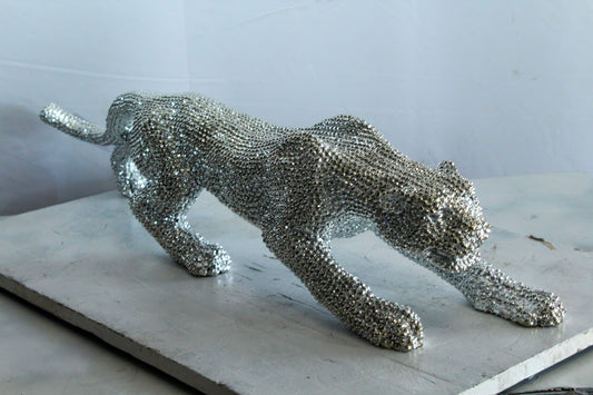 Silver Resin Bead Panther Sculpture in Dynamic Crouch Pose Art   36" x 7" x 8"H