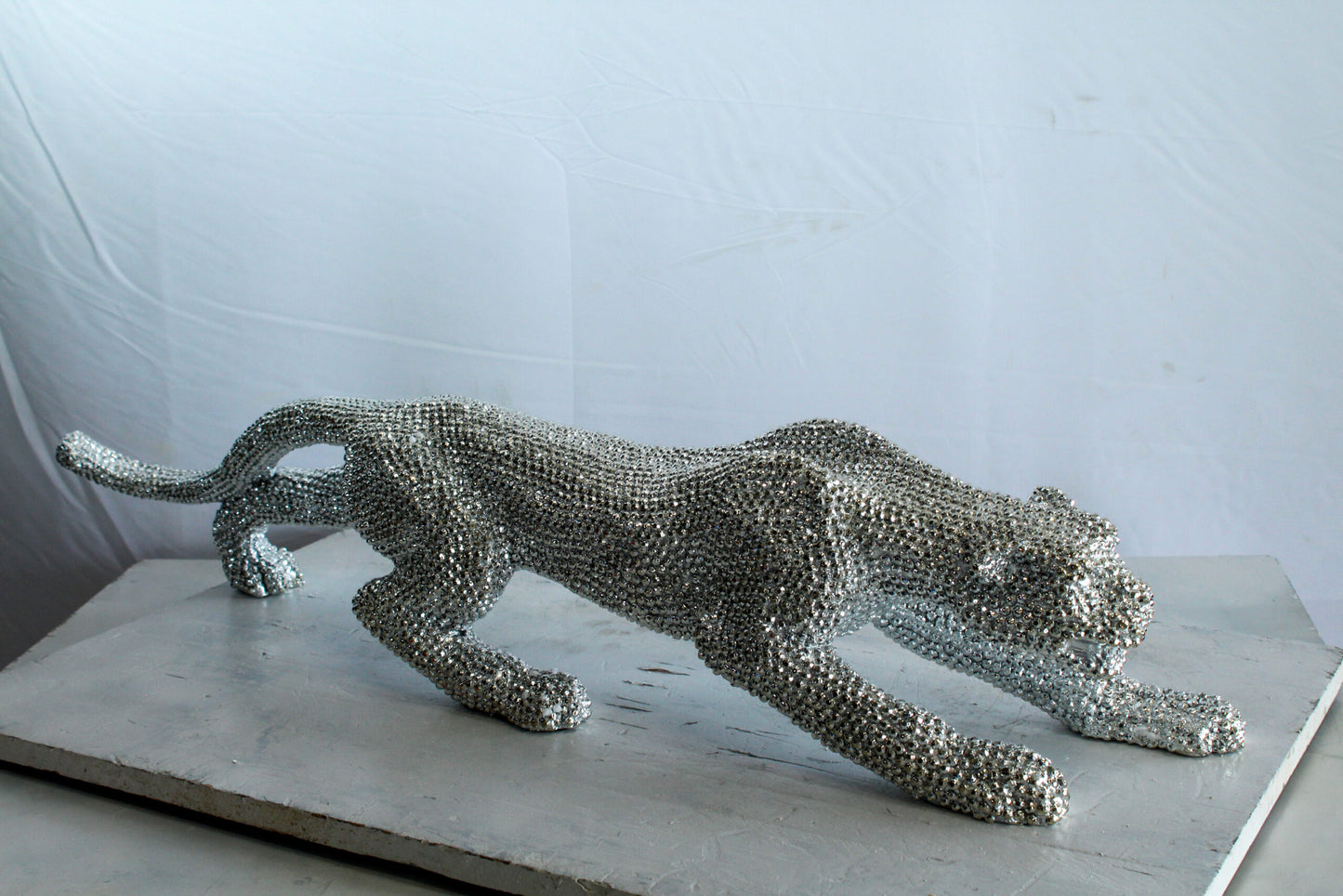 Silver Resin Bead Panther Sculpture in Dynamic Crouch Pose Art   36" x 7" x 8"H