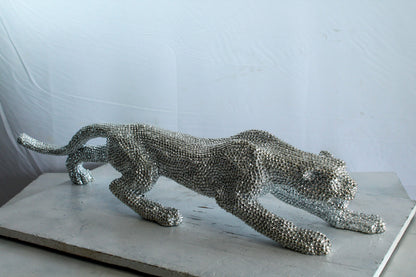 Silver Resin Bead Panther Sculpture in Dynamic Crouch Pose Art   36" x 7" x 8"H