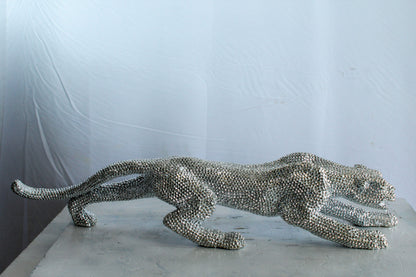 Silver Resin Bead Panther Sculpture in Dynamic Crouch Pose Art   36" x 7" x 8"H