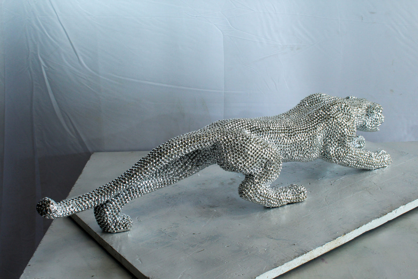 Silver Resin Bead Panther Sculpture in Dynamic Crouch Pose Art   36" x 7" x 8"H