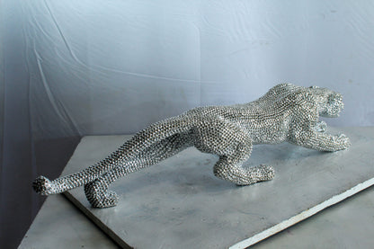 Silver Resin Bead Panther Sculpture in Dynamic Crouch Pose Art   36" x 7" x 8"H