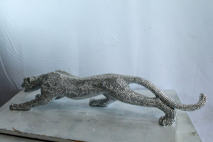 Silver Resin Bead Panther Sculpture in Dynamic Crouch Pose Art   36" x 7" x 8"H