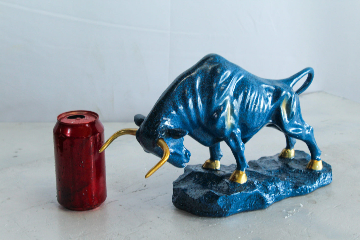 Blue Resin Bull Statue with Gold Horns and Hooves on Base   14" x 4" x 9"H