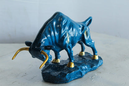 Blue Resin Bull Statue with Gold Horns and Hooves on Base   14" x 4" x 9"H