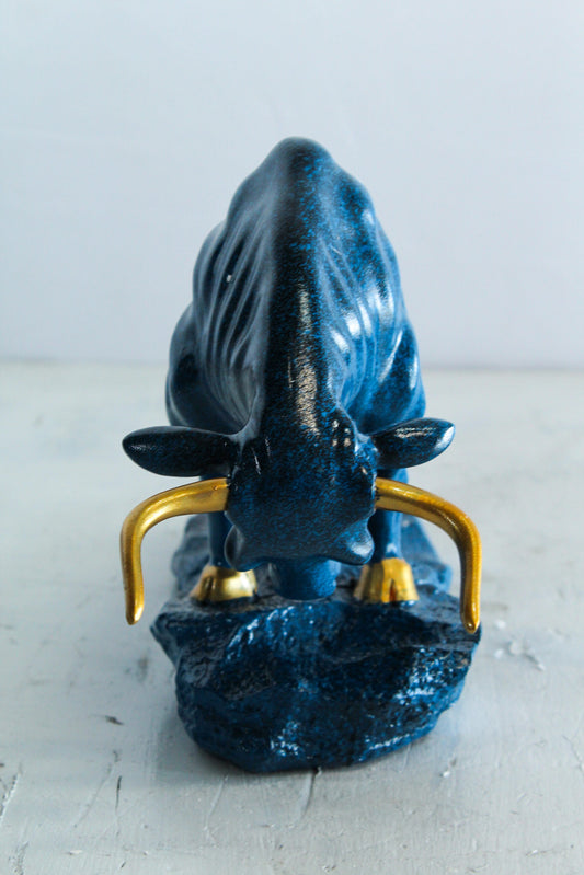 Blue Resin Bull Statue with Gold Horns and Hooves on Base   14" x 4" x 9"H
