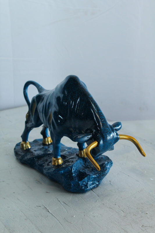 Blue Resin Bull Statue with Gold Horns and Hooves on Base   14" x 4" x 9"H