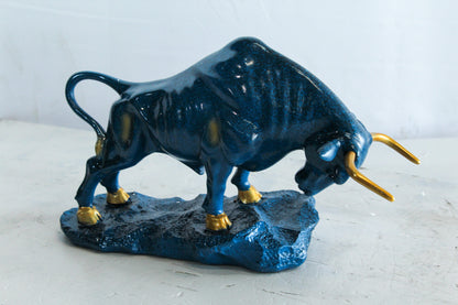 Blue Resin Bull Statue with Gold Horns and Hooves on Base   14" x 4" x 9"H