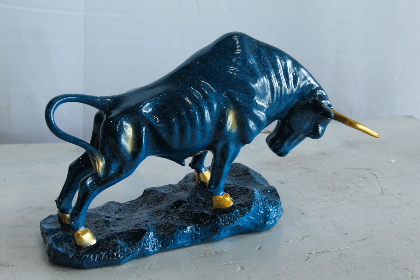 Blue Resin Bull Statue with Gold Horns and Hooves on Base   14" x 4" x 9"H