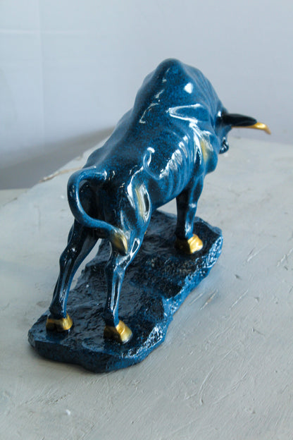 Blue Resin Bull Statue with Gold Horns and Hooves on Base   14" x 4" x 9"H