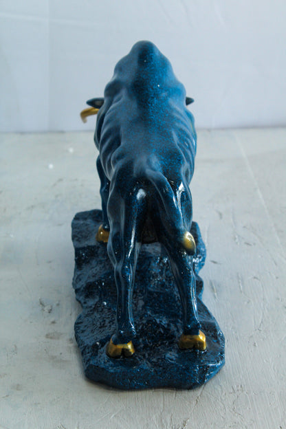 Blue Resin Bull Statue with Gold Horns and Hooves on Base   14" x 4" x 9"H