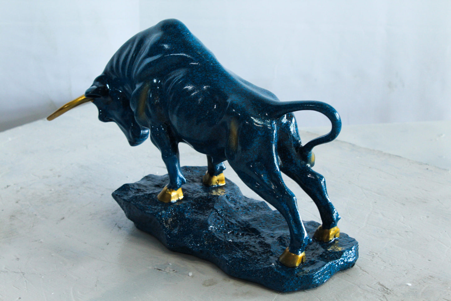 Blue Resin Bull Statue with Gold Horns and Hooves on Base   14" x 4" x 9"H