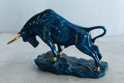 Blue Resin Bull Statue with Gold Horns and Hooves on Base   14" x 4" x 9"H