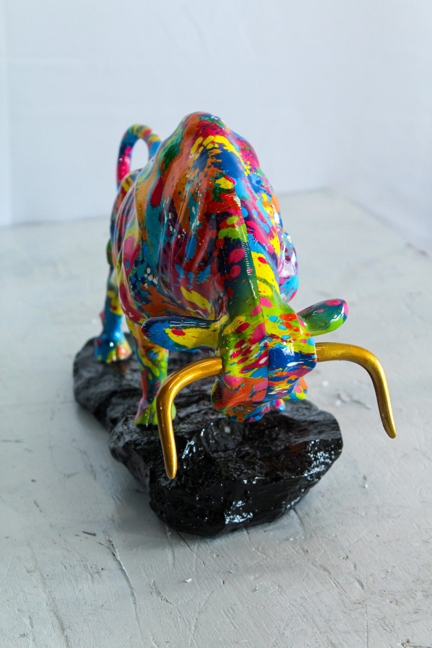 Colorful Resin Bull Statue with Splatter Art and Gold Horns   14" x 4" x 9"H