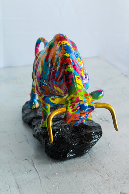 Colorful Resin Bull Statue with Splatter Art and Gold Horns   14" x 4" x 9"H