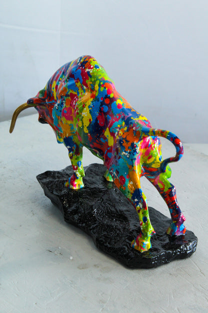 Colorful Resin Bull Statue with Splatter Art and Gold Horns   14" x 4" x 9"H