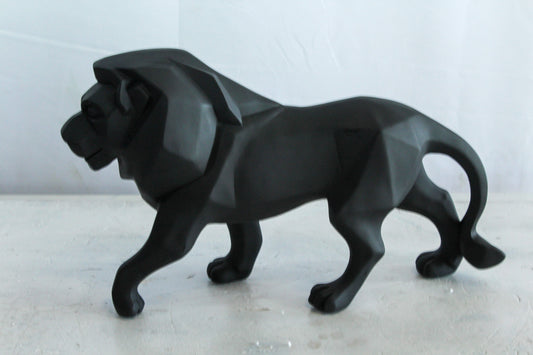Black Resin Geometric Lion Sculpture in Modern Walking Pose   17" x 5" x 9"H