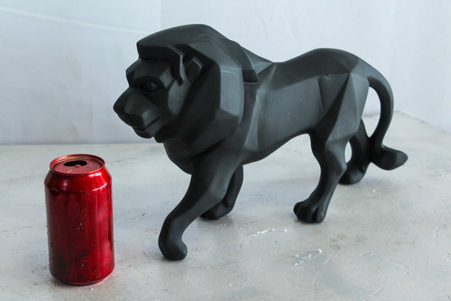 Black Resin Geometric Lion Sculpture in Modern Walking Pose   17" x 5" x 9"H
