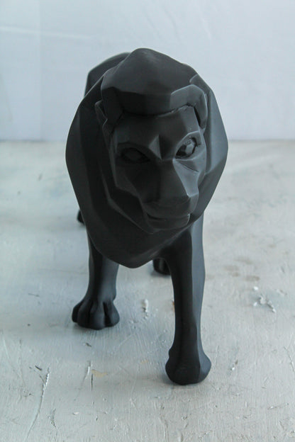 Black Resin Geometric Lion Sculpture in Modern Walking Pose   17" x 5" x 9"H