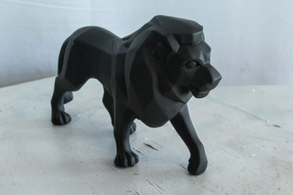 Black Resin Geometric Lion Sculpture in Modern Walking Pose   17" x 5" x 9"H