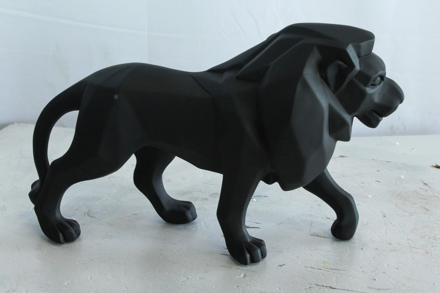Black Resin Geometric Lion Sculpture in Modern Walking Pose   17" x 5" x 9"H
