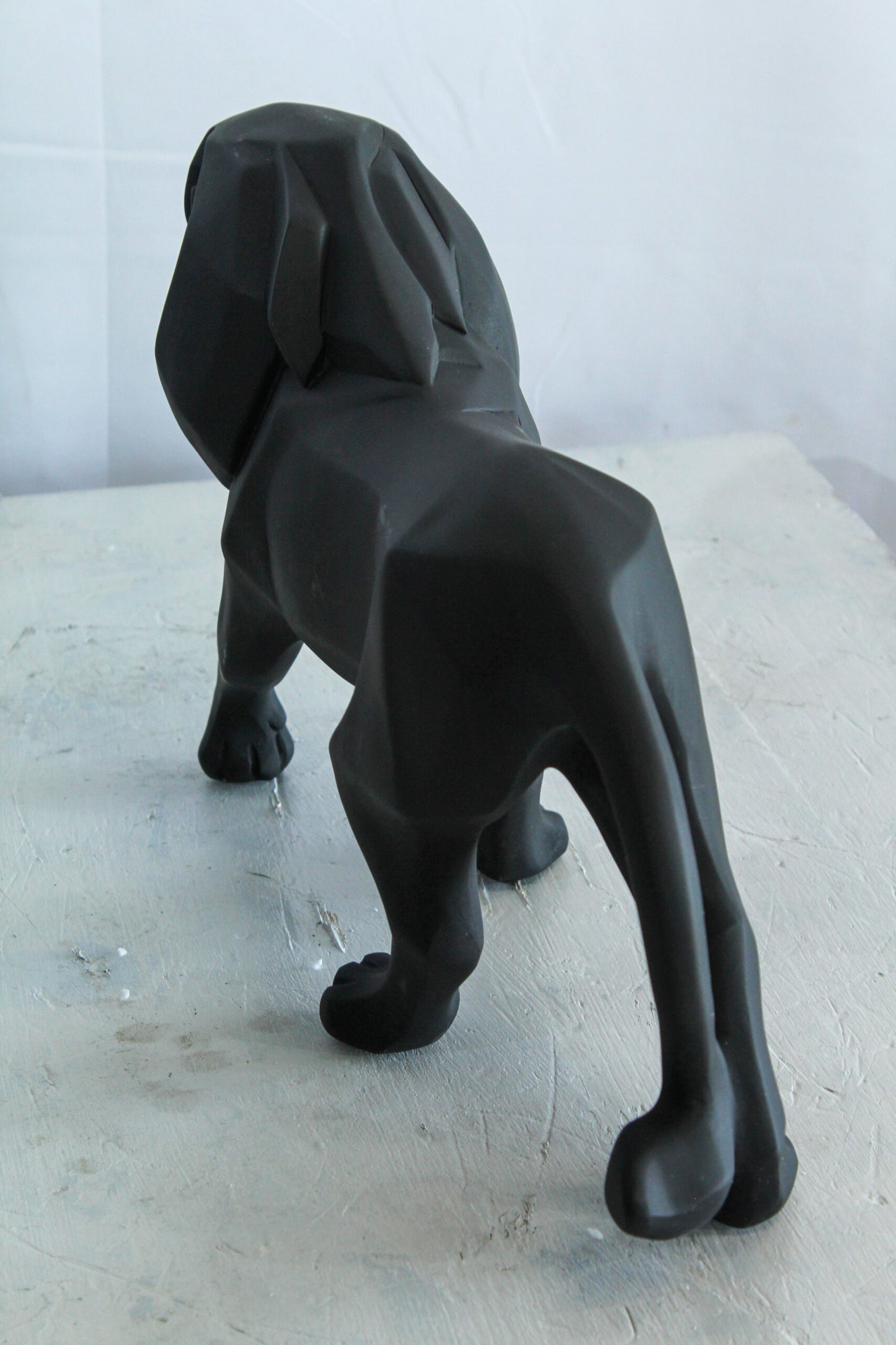 Black Resin Geometric Lion Sculpture in Modern Walking Pose   17" x 5" x 9"H
