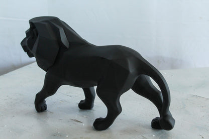 Black Resin Geometric Lion Sculpture in Modern Walking Pose   17" x 5" x 9"H