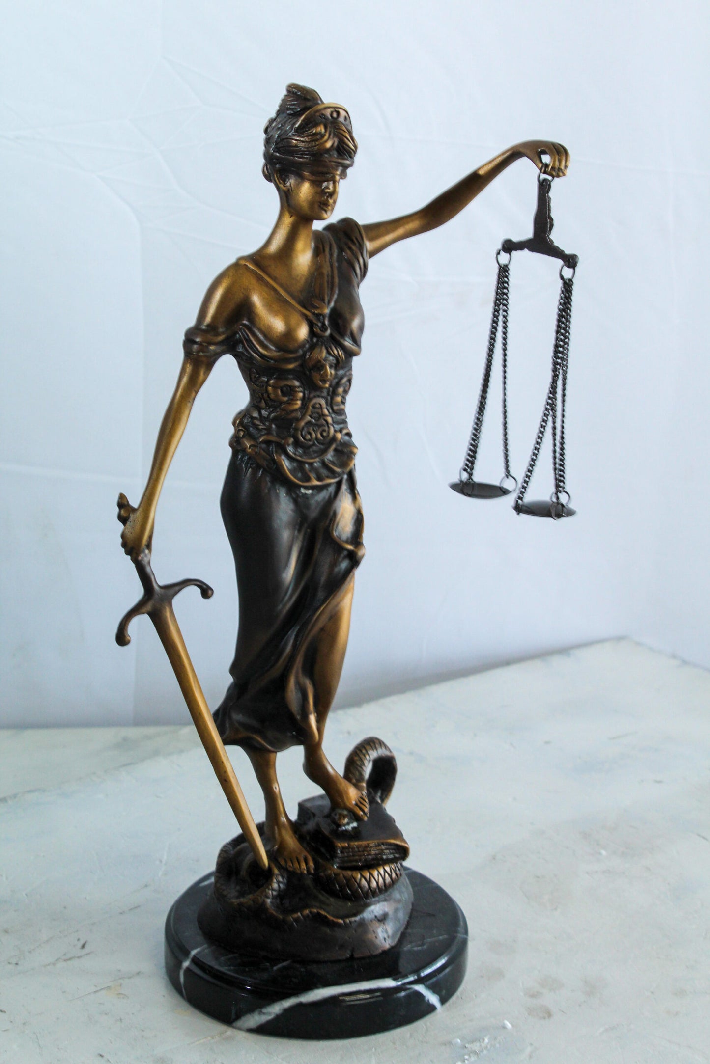 Bronze Lady Justice Statue with Sword Scales and Marble Base   9" x 6" x 16"H