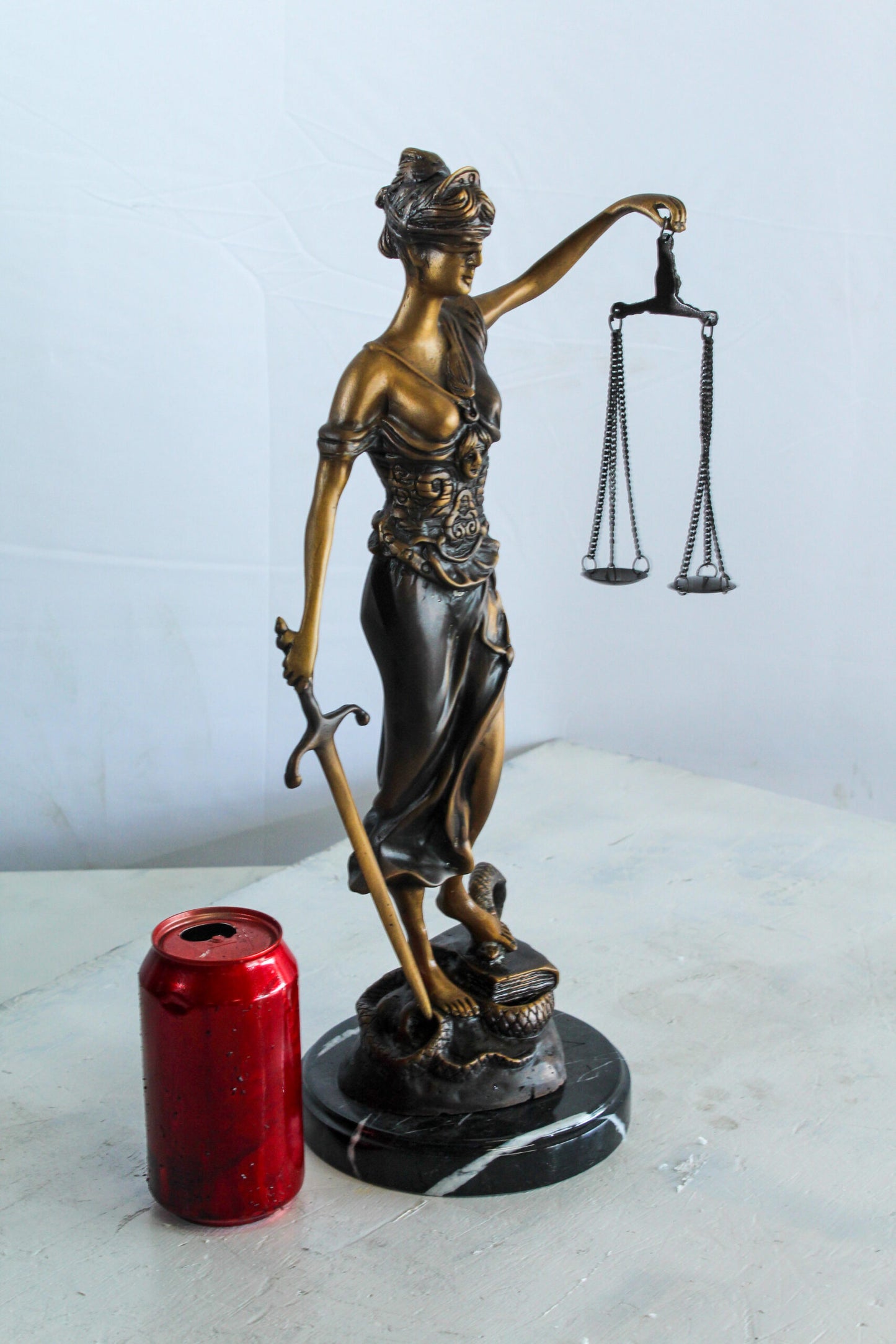 Bronze Lady Justice Statue with Sword Scales and Marble Base   9" x 6" x 16"H