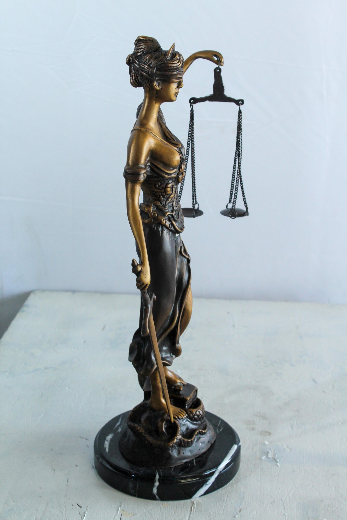 Bronze Lady Justice Statue with Sword Scales and Marble Base   9" x 6" x 16"H