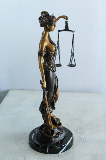 Bronze Lady Justice Statue with Sword Scales and Marble Base   9" x 6" x 16"H