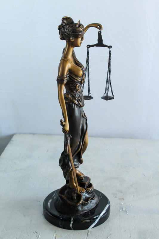 Bronze Lady Justice Statue with Sword Scales and Marble Base   9" x 6" x 16"H