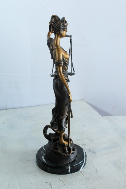 Bronze Lady Justice Statue with Sword Scales and Marble Base   9" x 6" x 16"H