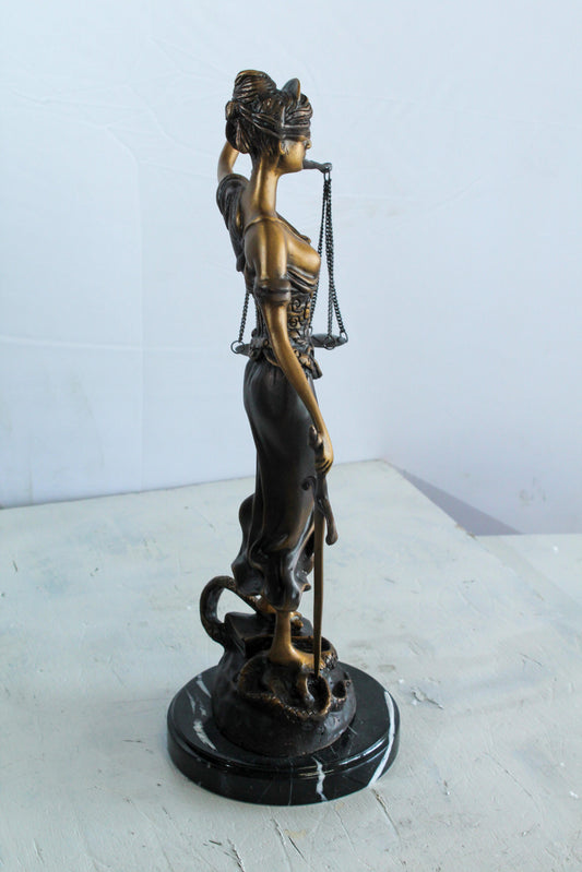 Bronze Lady Justice Statue with Sword Scales and Marble Base   9" x 6" x 16"H