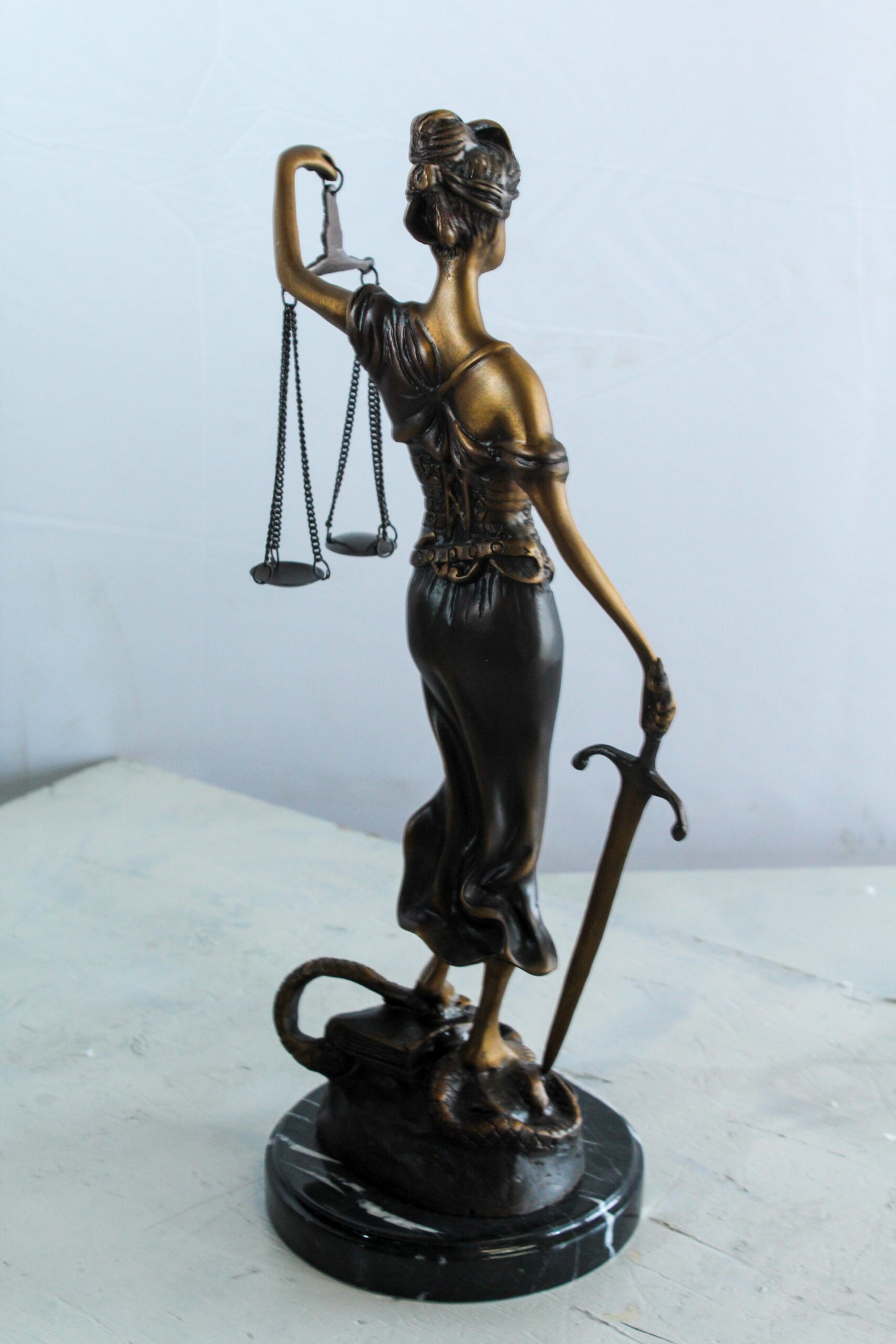 Bronze Lady Justice Statue with Sword Scales and Marble Base   9" x 6" x 16"H