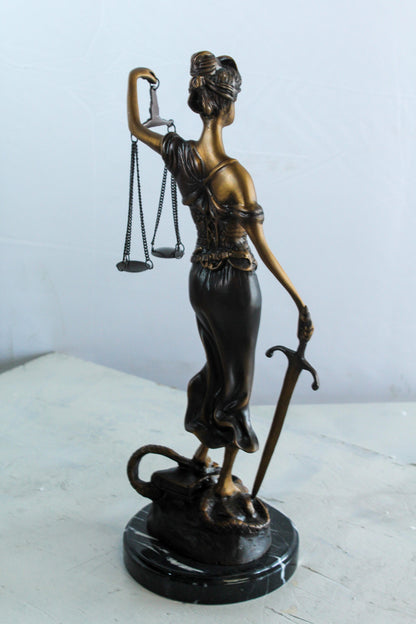Bronze Lady Justice Statue with Sword Scales and Marble Base   9" x 6" x 16"H