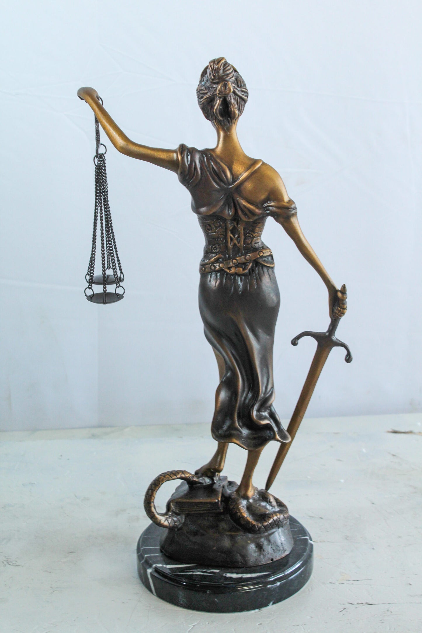 Bronze Lady Justice Statue with Sword Scales and Marble Base   9" x 6" x 16"H