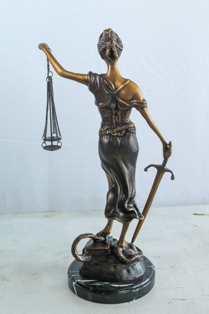 Bronze Lady Justice Statue with Sword Scales and Marble Base   9" x 6" x 16"H