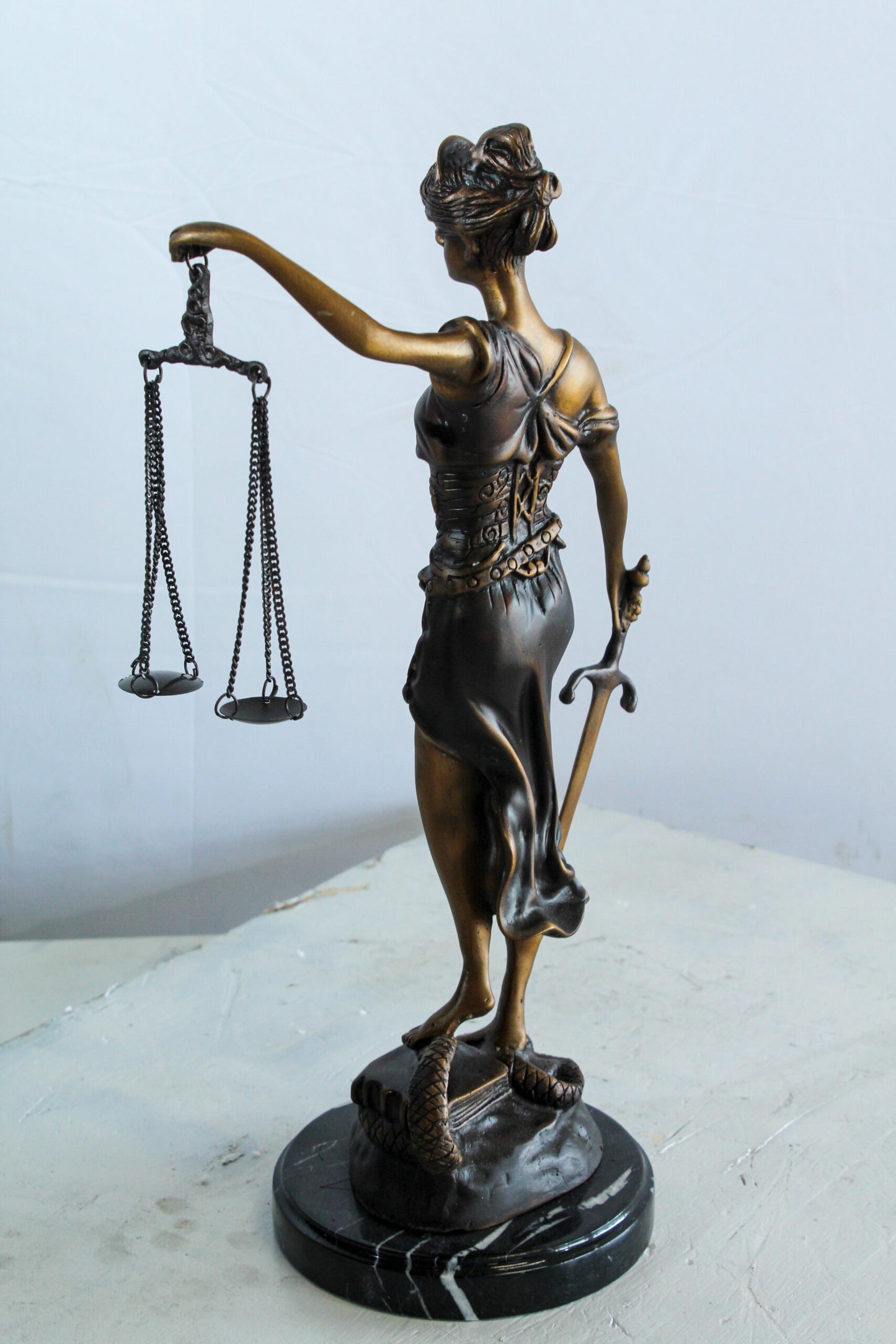 Bronze Lady Justice Statue with Sword Scales and Marble Base   9" x 6" x 16"H