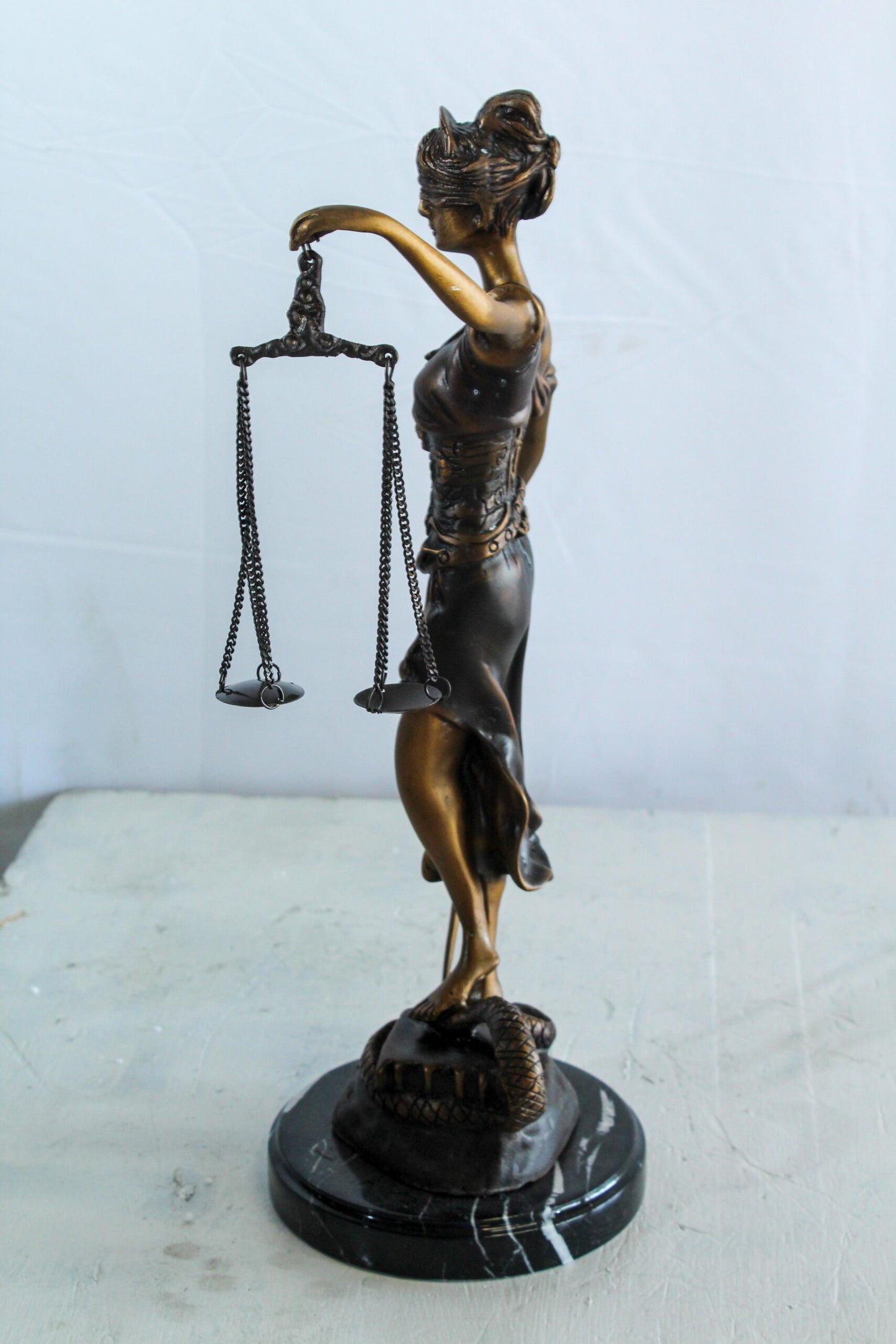 Bronze Lady Justice Statue with Sword Scales and Marble Base   9" x 6" x 16"H
