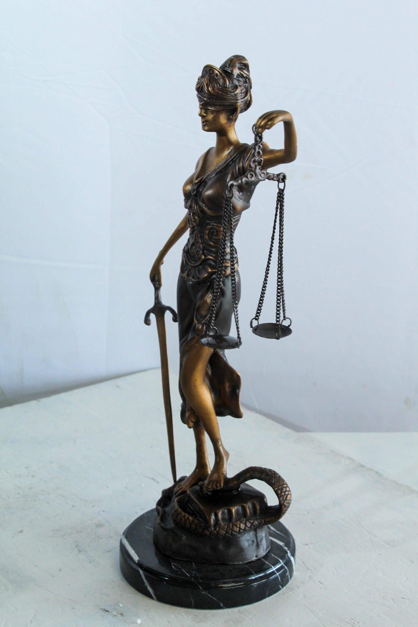 Bronze Lady Justice Statue with Sword Scales and Marble Base   9" x 6" x 16"H