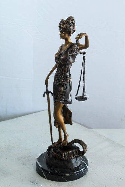 Bronze Lady Justice Statue with Sword Scales and Marble Base   9" x 6" x 16"H
