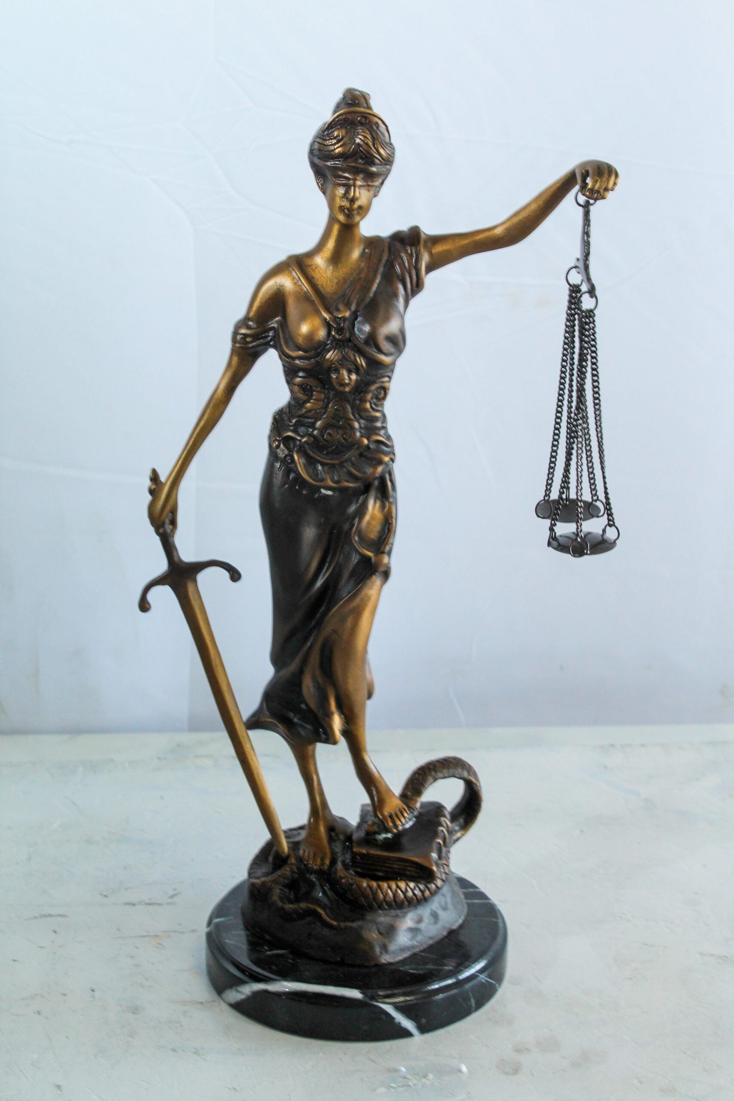 Bronze Lady Justice Statue with Sword Scales and Marble Base   9" x 6" x 16"H