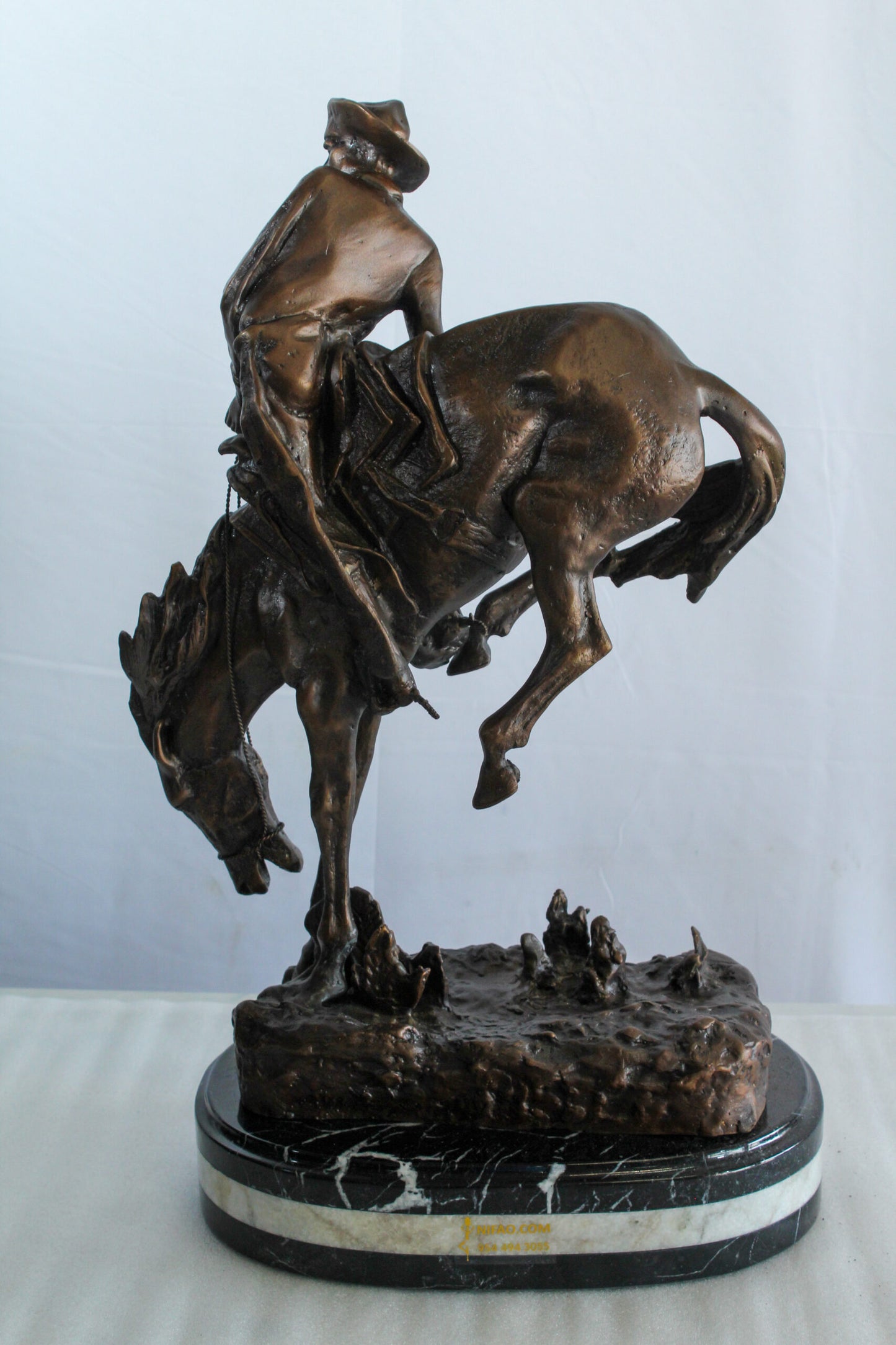 Nifao Bronze Outlaw Remington-Inspired Statue - Western Cowboy Sculpture with Marble Base, Size: 15"L x 8"W x 25"H
