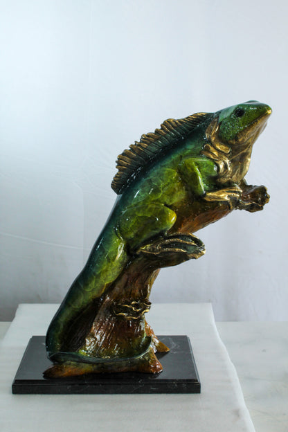 Bronze Iguana Statue on Tree Trunk Mounted on a Marble Base   20" x 7" x 22"H