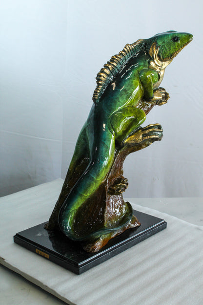 Bronze Iguana Statue on Tree Trunk Mounted on a Marble Base   20" x 7" x 22"H
