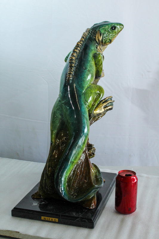 Bronze Iguana Statue on Tree Trunk Mounted on a Marble Base   20" x 7" x 22"H