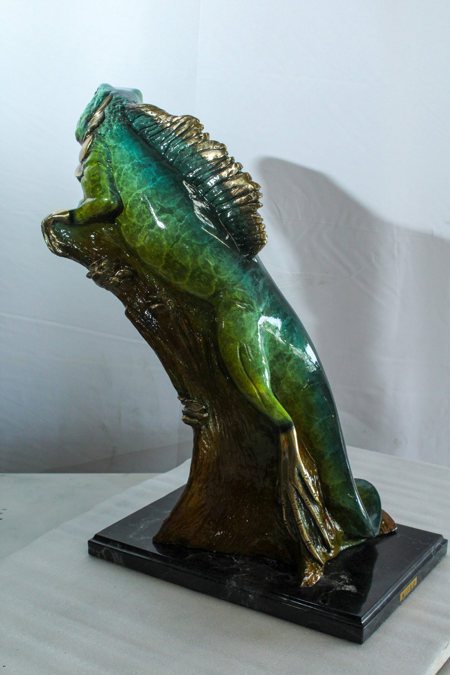 Bronze Iguana Statue on Tree Trunk Mounted on a Marble Base   20" x 7" x 22"H