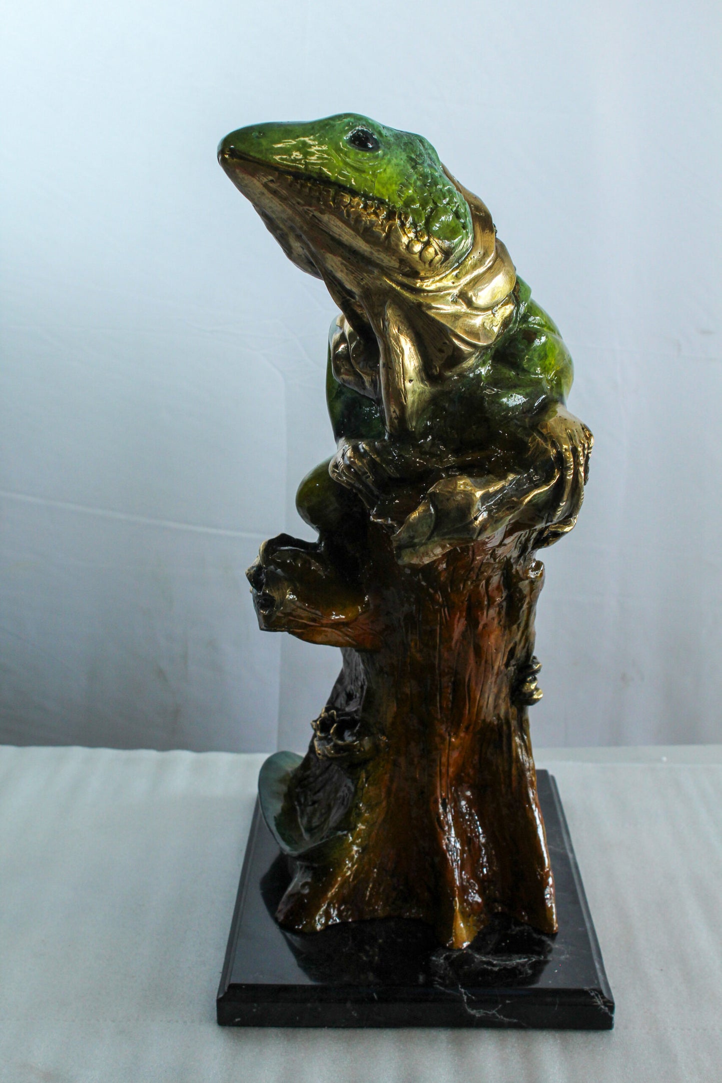 Bronze Iguana Statue on Tree Trunk Mounted on a Marble Base   20" x 7" x 22"H